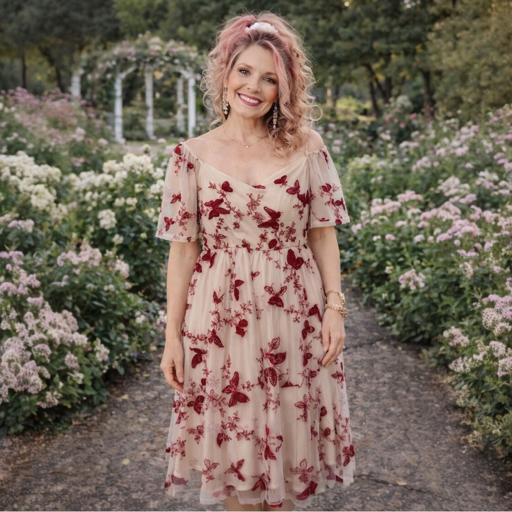 BloomChic Butterfly Embroidered Tulle Midi Dress Fairycore Cottagecore 14/16